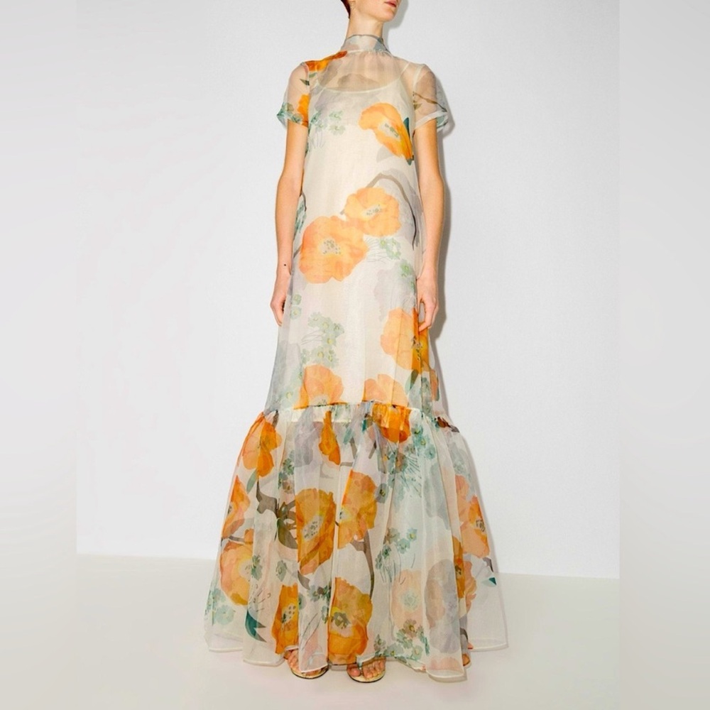 STAUD Floral Sheer Dress - Orange and Green